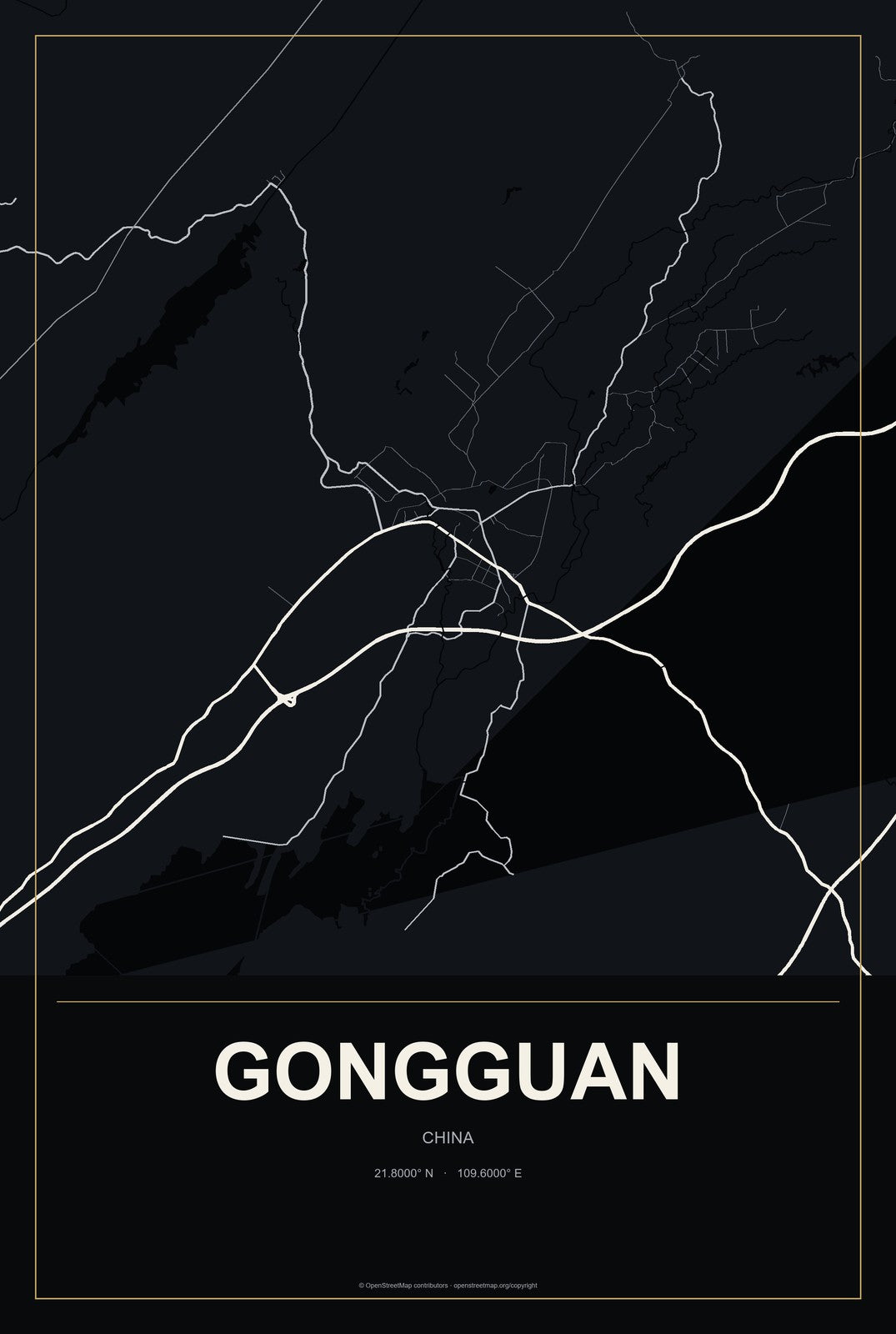 Gongguan, China City Map Aluminum Sign in Metropolitan Noir style