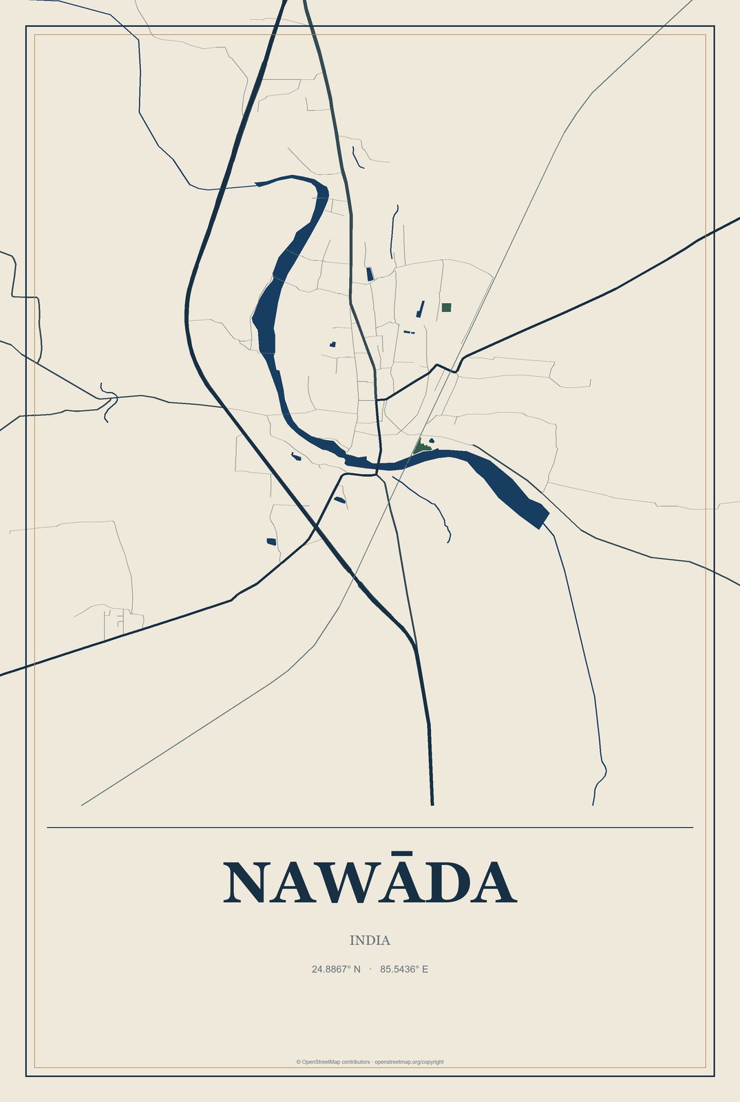Nawāda, India City Map Aluminum Sign in Coastal Cutout style