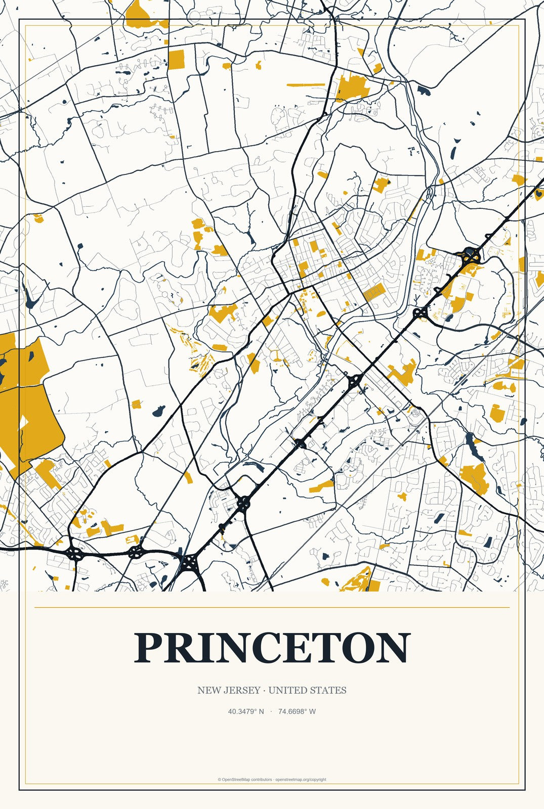 Princeton, New Jersey City Map Aluminum Sign in Citrine Modern style