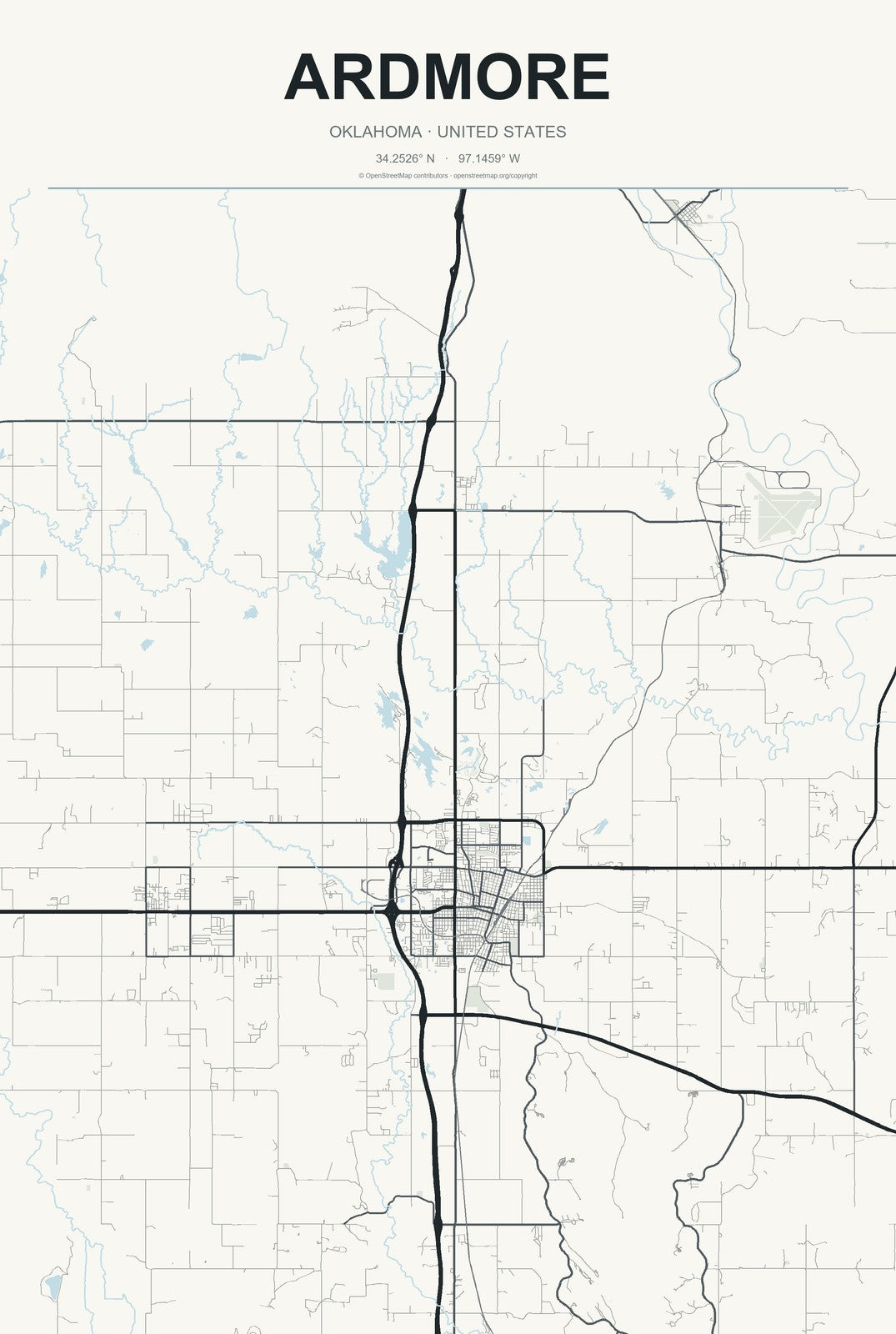 Ardmore, Oklahoma City Map Aluminum Sign in Headline Atlas style