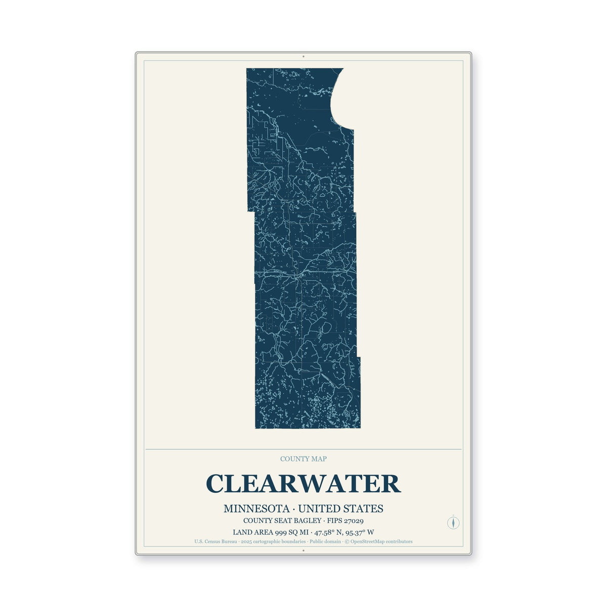 Clearwater County, Minnesota Map Aluminum Sign in Coastal Cutout style