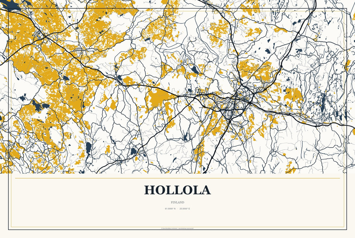 Hollola, Finland City Map Aluminum Sign in Citrine Modern style