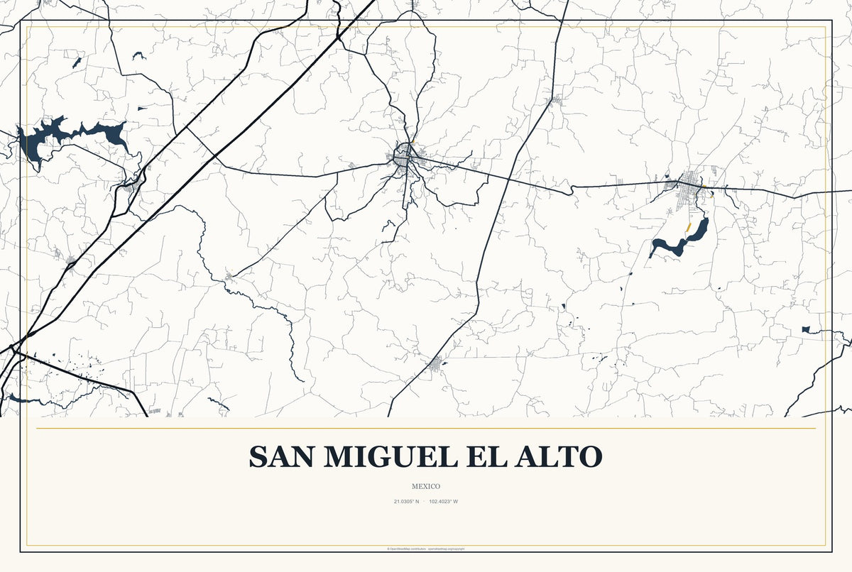 San Miguel el Alto, Mexico City Map Aluminum Sign in Citrine Modern style