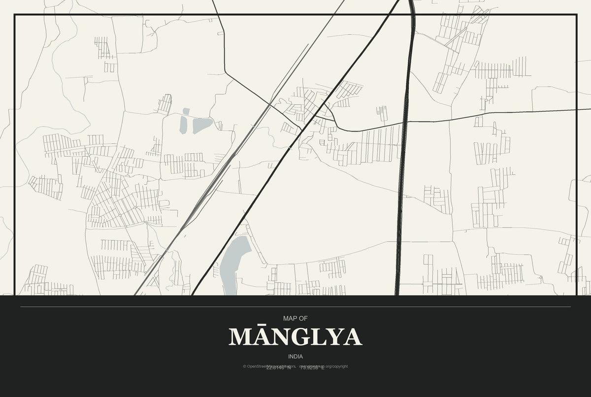 Mānglya, India City Map Aluminum Sign in Museum Plaque style