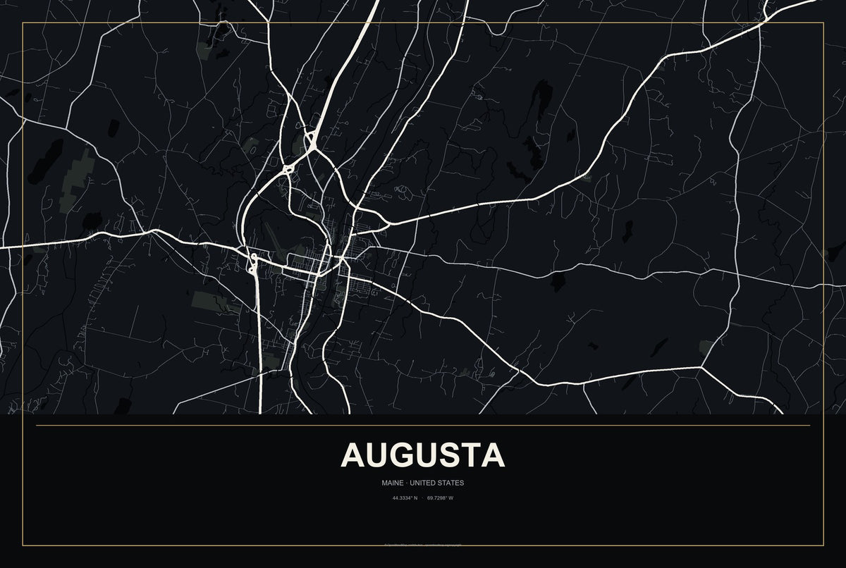Augusta, Maine City Map Aluminum Sign in Metropolitan Noir style