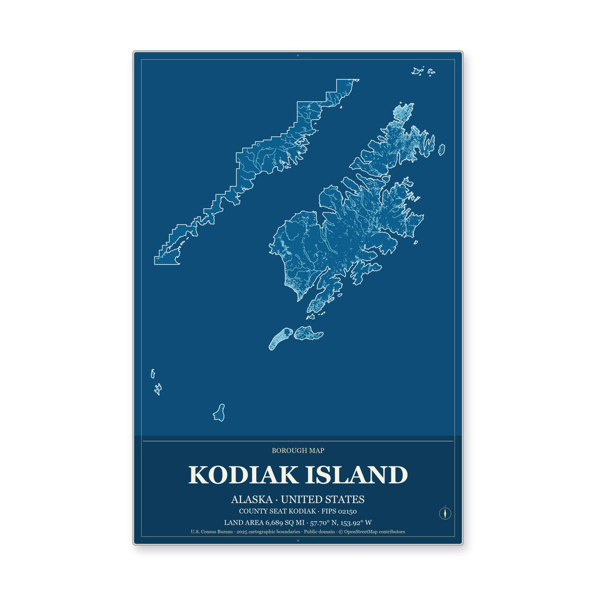Kodiak Island Borough, Alaska Map Aluminum Sign in Harbor Cobalt style