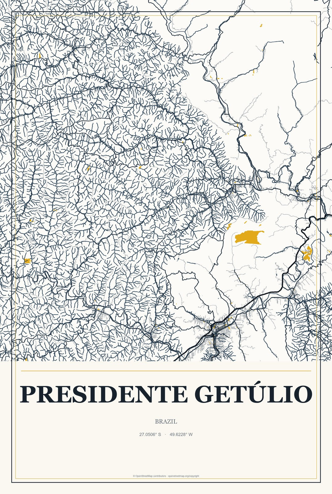 Presidente Getúlio, Brazil City Map Aluminum Sign in Citrine Modern style