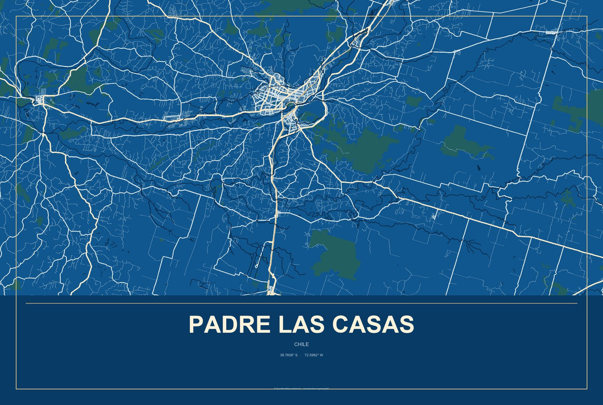 Padre Las Casas, Chile City Map Aluminum Sign in Harbor Cobalt style