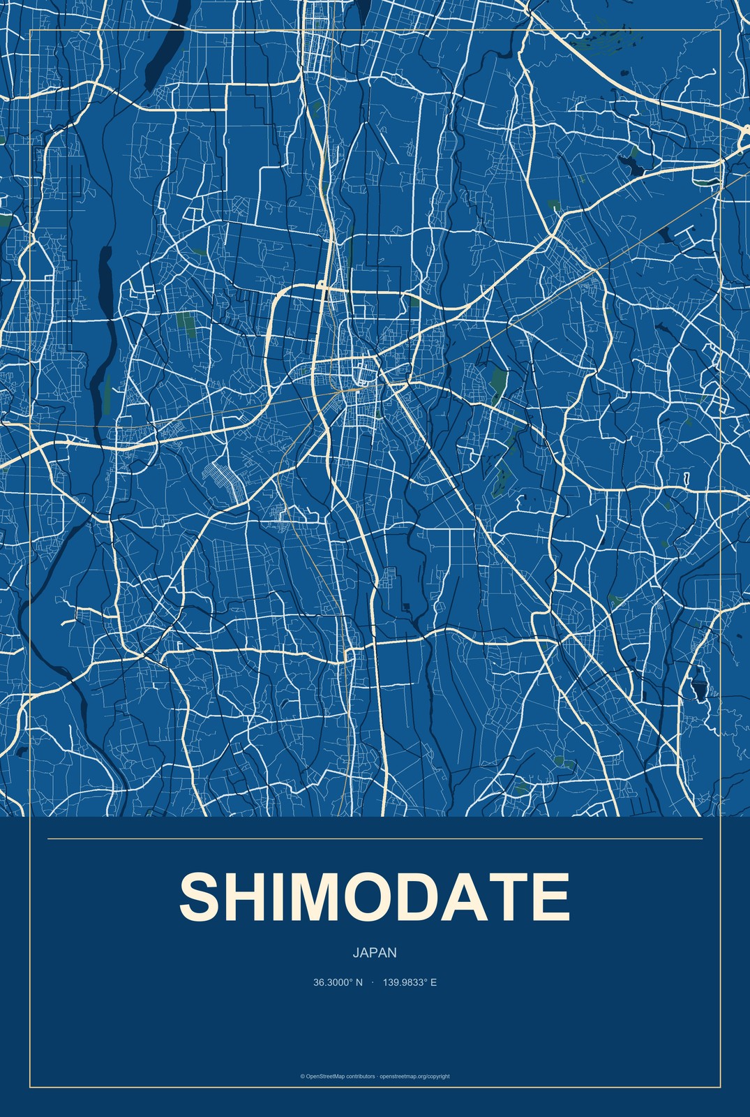 Shimodate, Japan City Map Aluminum Sign in Harbor Cobalt style