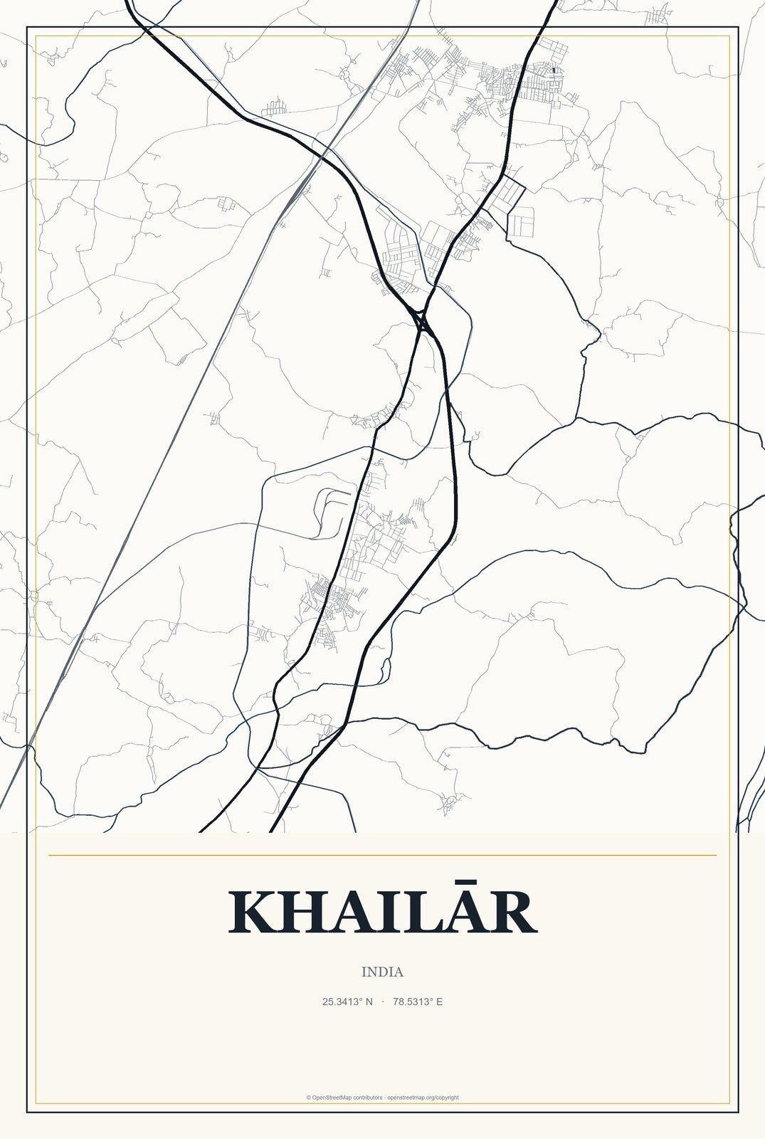 Khailār, India City Map Aluminum Sign in Citrine Modern style