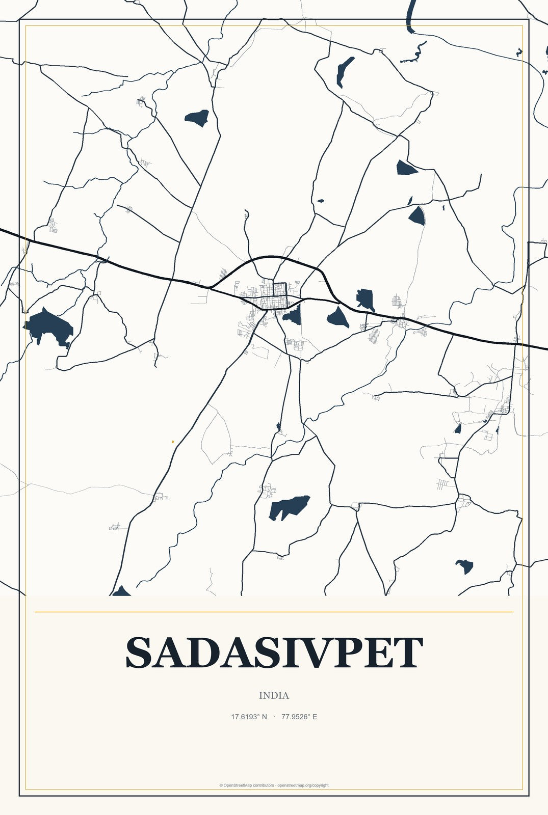Sadasivpet, India City Map Aluminum Sign in Citrine Modern style