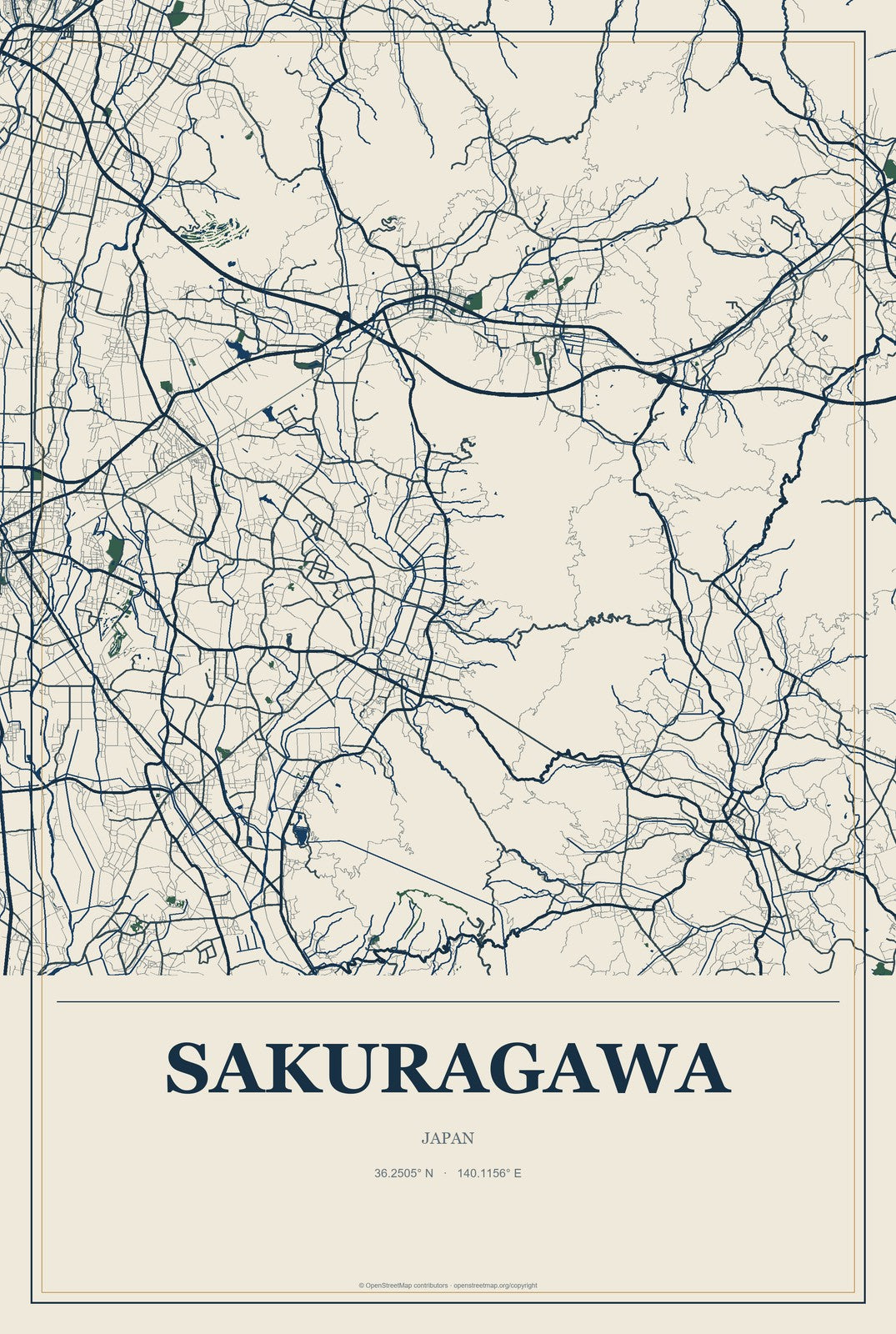 Sakuragawa, Japan City Map Aluminum Sign in Coastal Cutout style