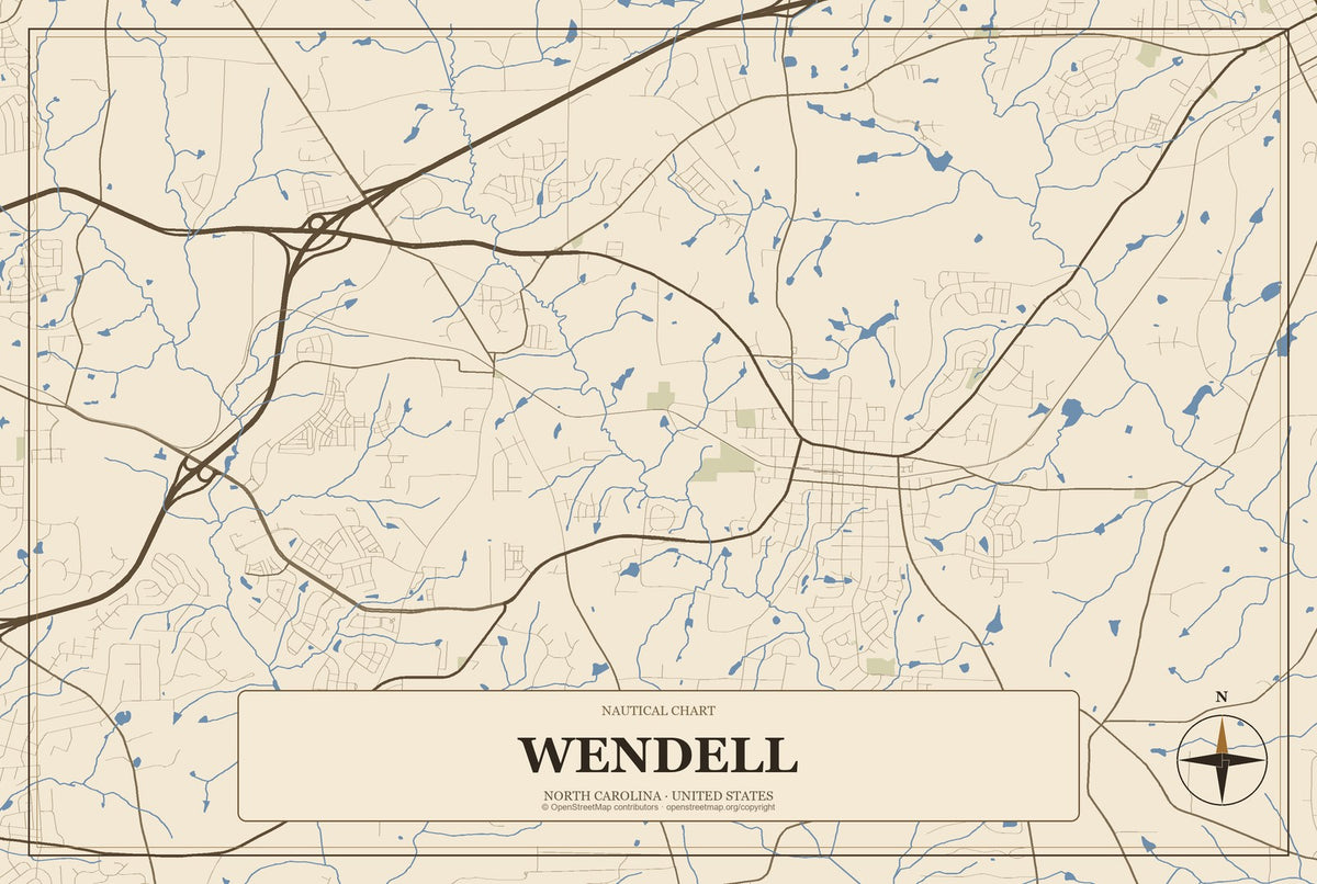 Wendell, North Carolina City Map Aluminum Sign in Heritage Nautical style