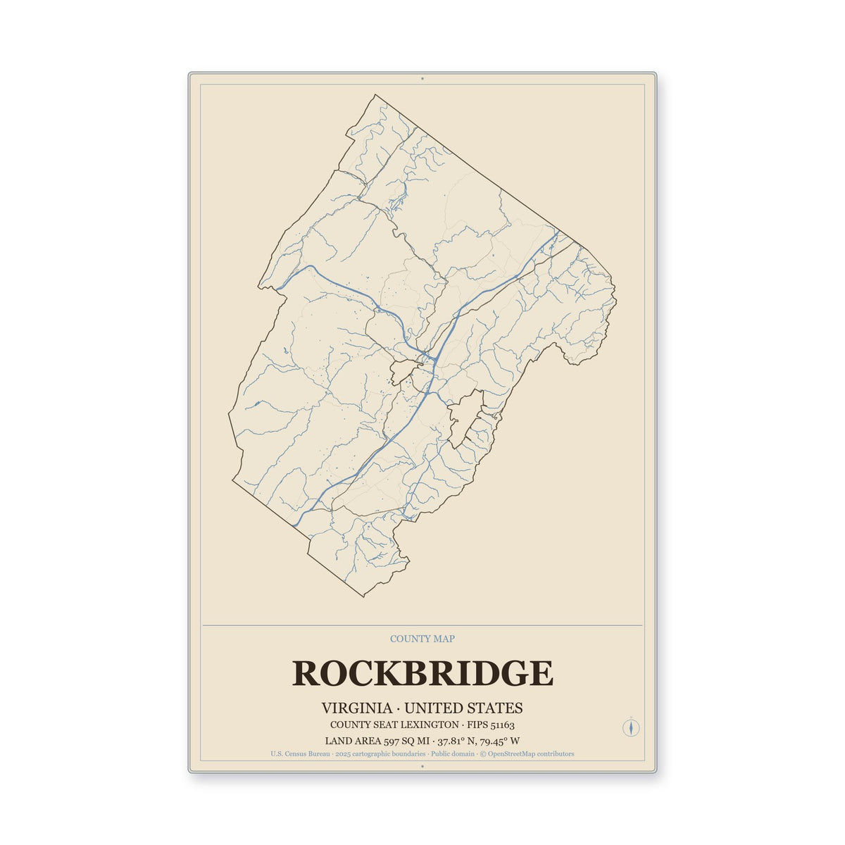 Rockbridge County, Virginia Map Aluminum Sign in Heritage Nautical style