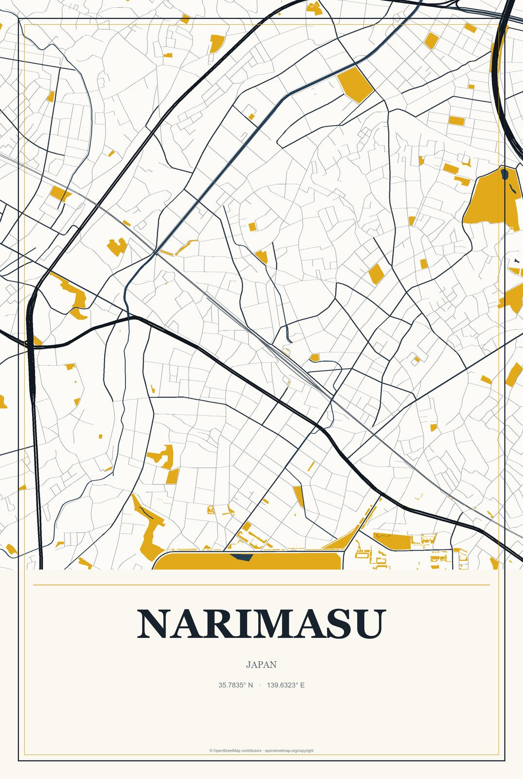 Narimasu, Japan City Map Aluminum Sign in Citrine Modern style