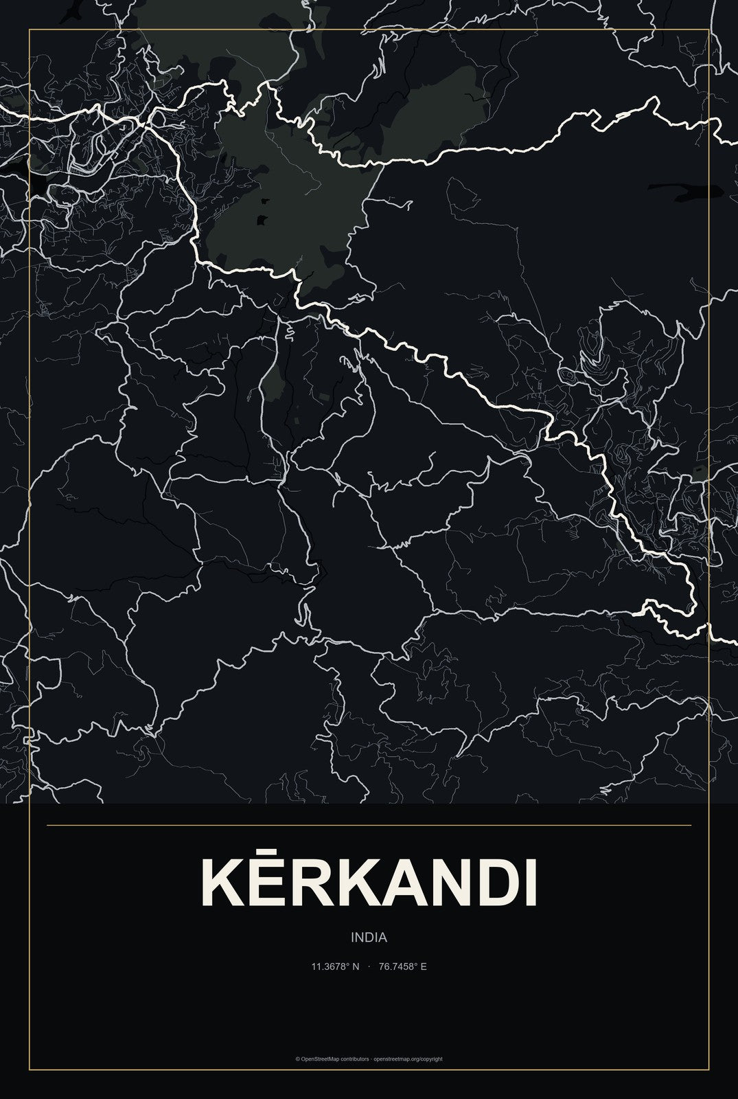 Kērkandi, India City Map Aluminum Sign in Metropolitan Noir style