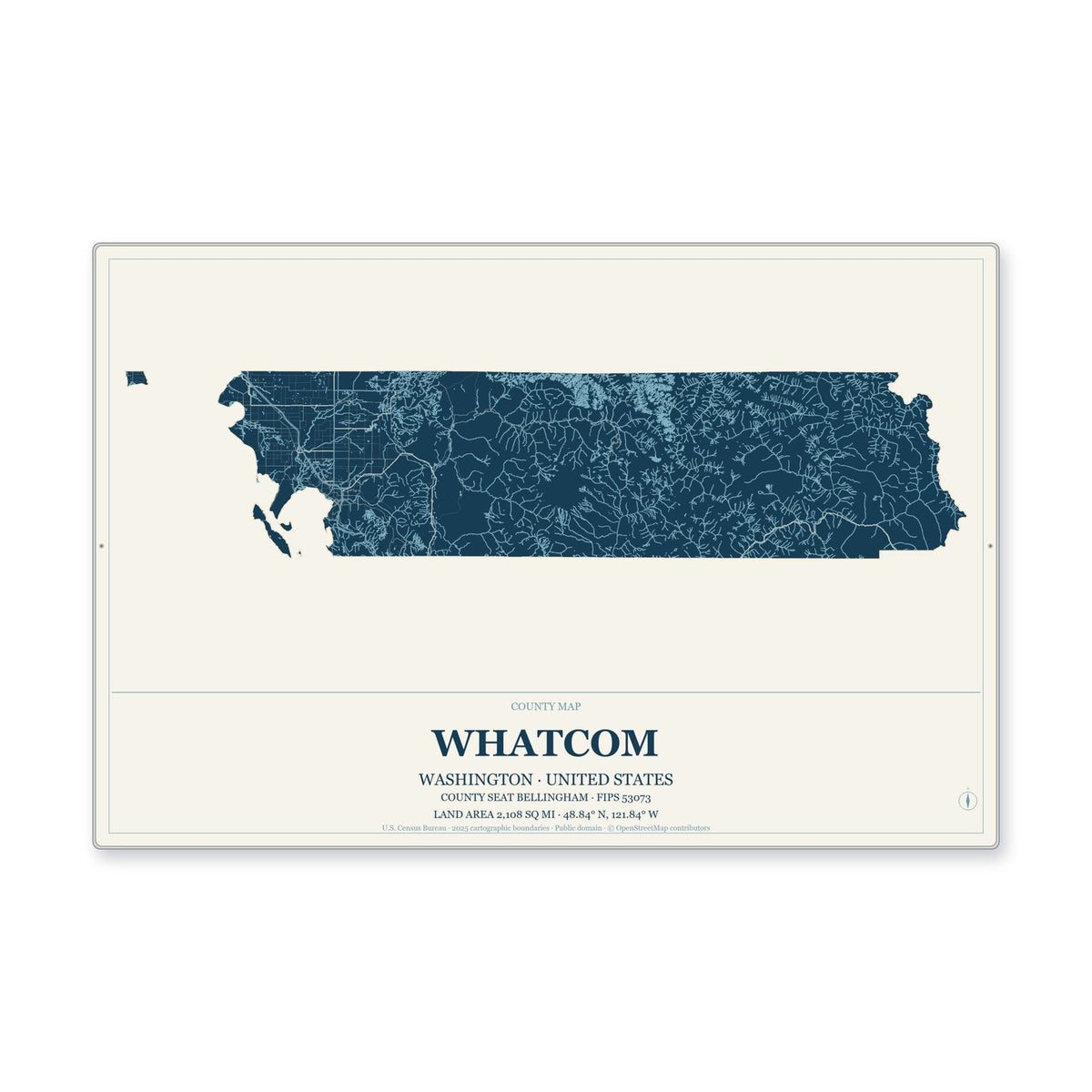 Whatcom County, Washington Map Aluminum Sign in Coastal Cutout style