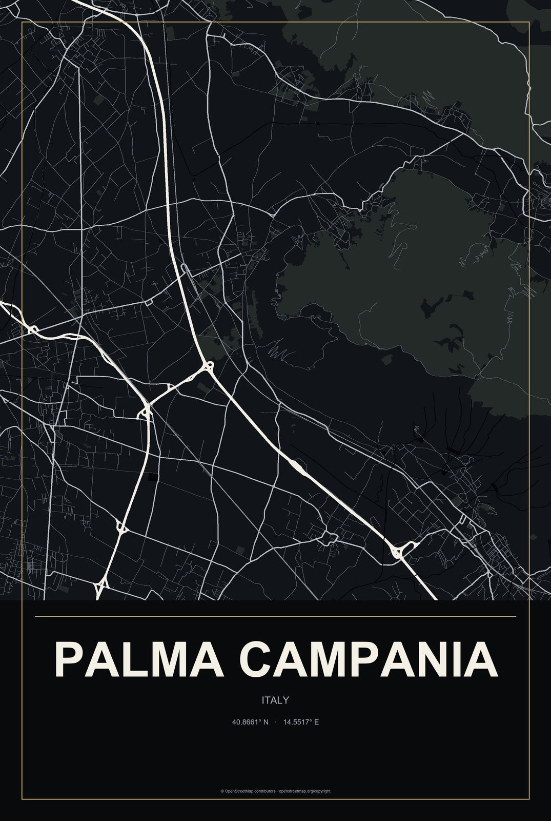 Palma Campania, Italy City Map Aluminum Sign in Metropolitan Noir style