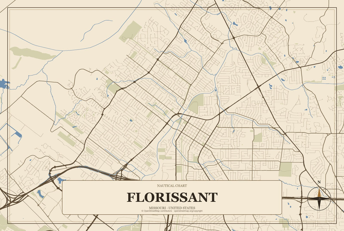 Florissant, Missouri City Map Aluminum Sign in Heritage Nautical style