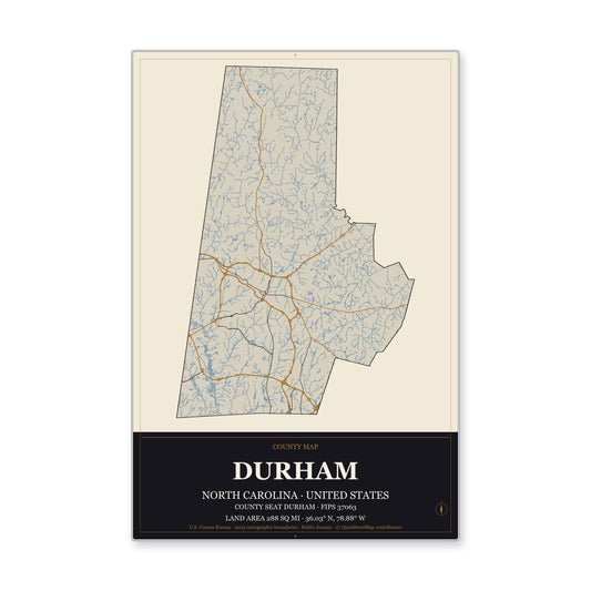 Durham County, North Carolina Map Aluminum Sign in Museum Plaque style