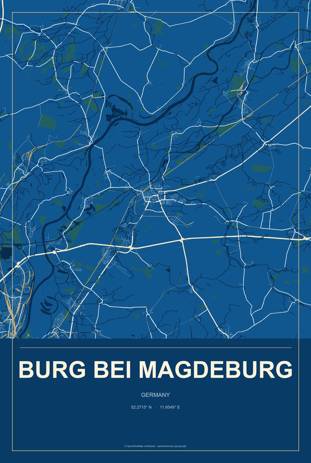 Burg bei Magdeburg, Germany City Map Aluminum Sign in Harbor Cobalt style