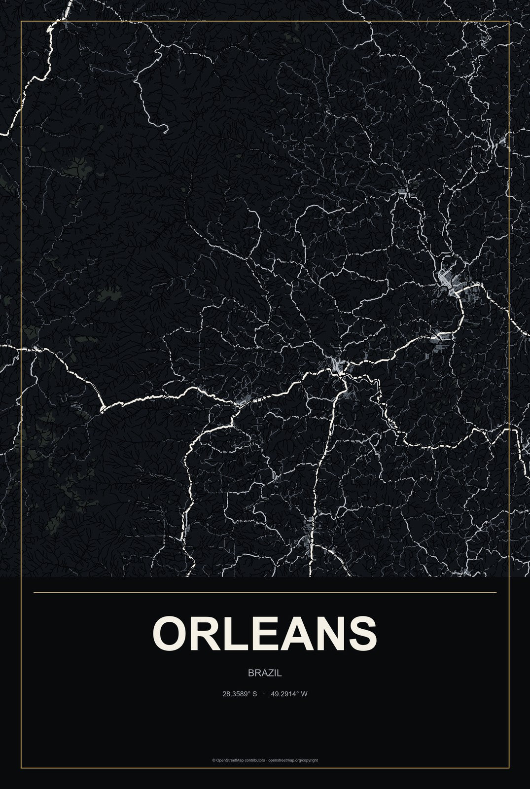 Orleans, Brazil City Map Aluminum Sign in Metropolitan Noir style