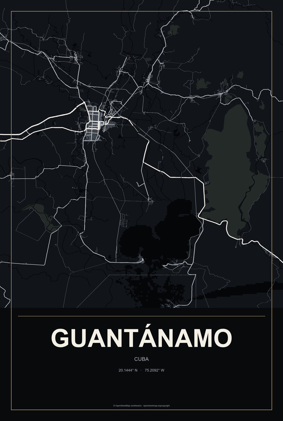 Guantánamo, Cuba City Map Aluminum Sign in Metropolitan Noir style