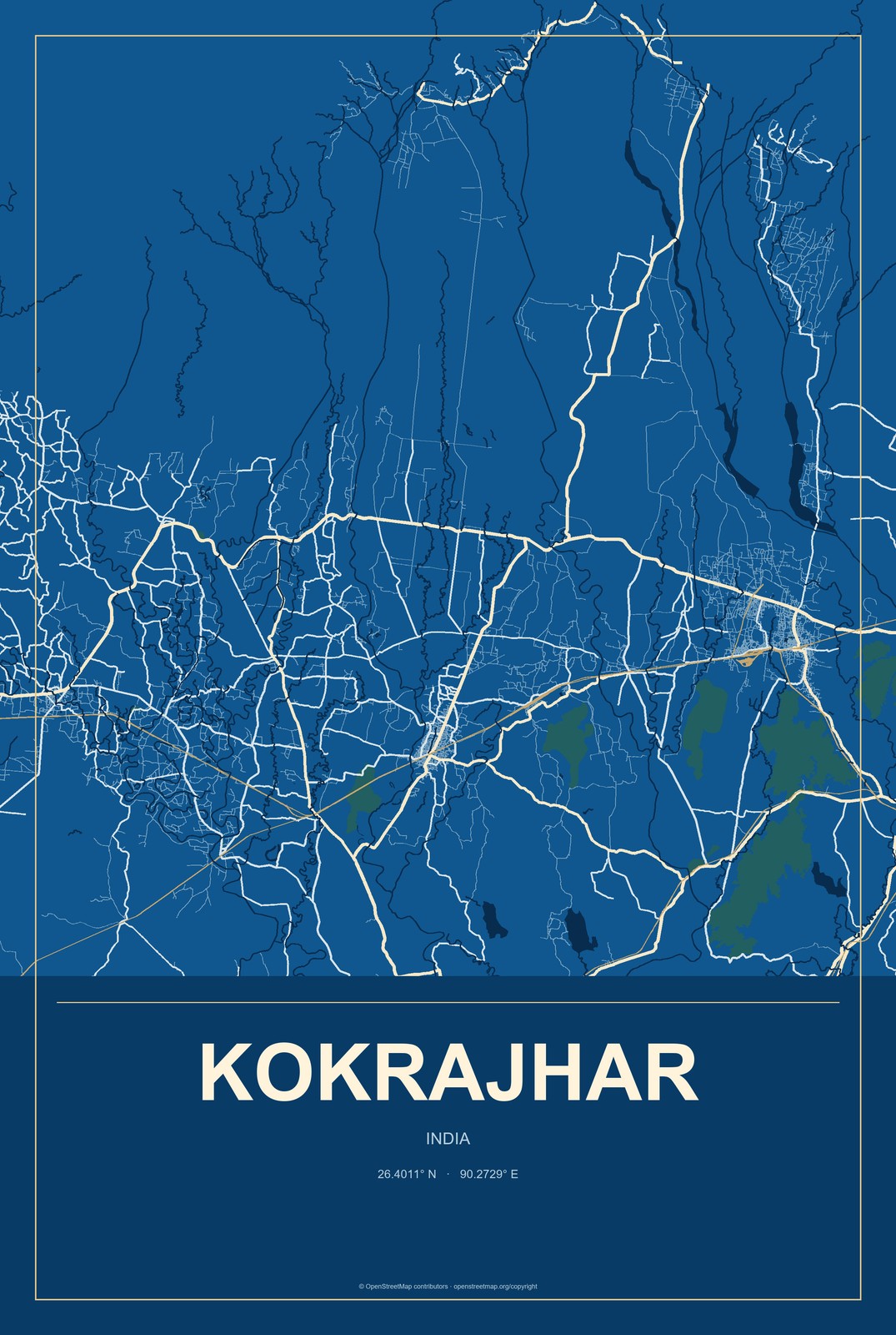 Kokrajhar, India City Map Aluminum Sign in Harbor Cobalt style