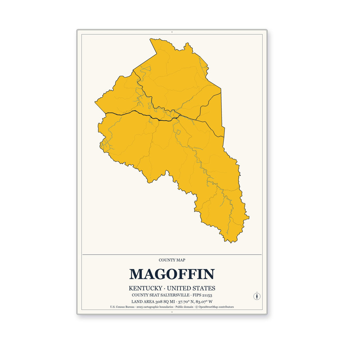 Magoffin County, Kentucky Map Aluminum Sign in Citrine Modern style