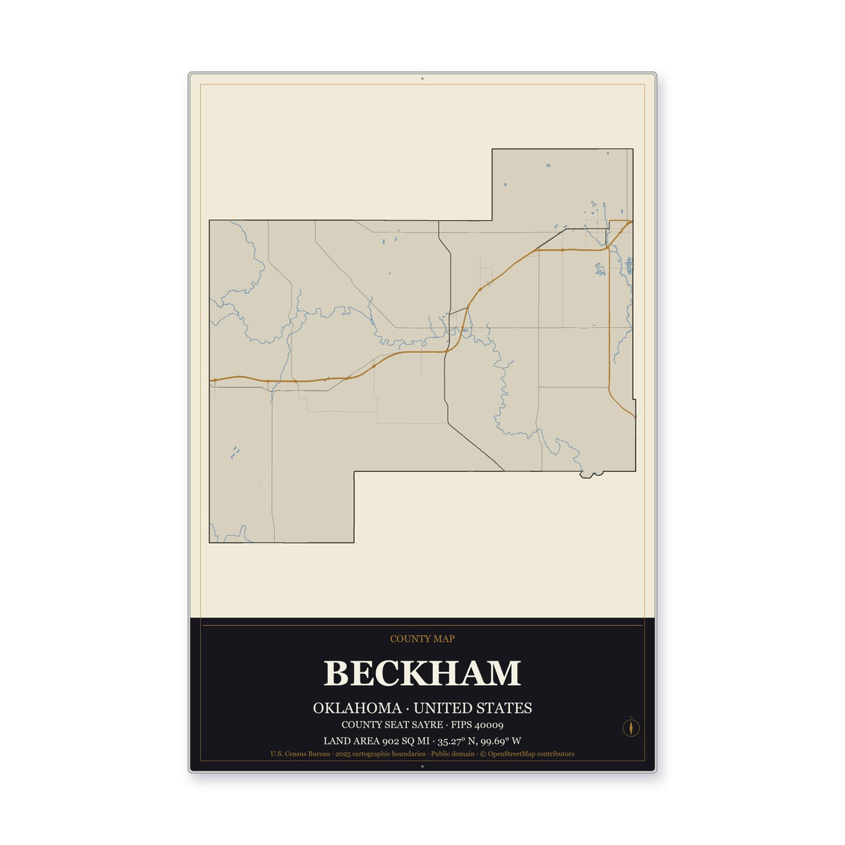 Beckham County, Oklahoma Map Aluminum Sign in Museum Plaque style
