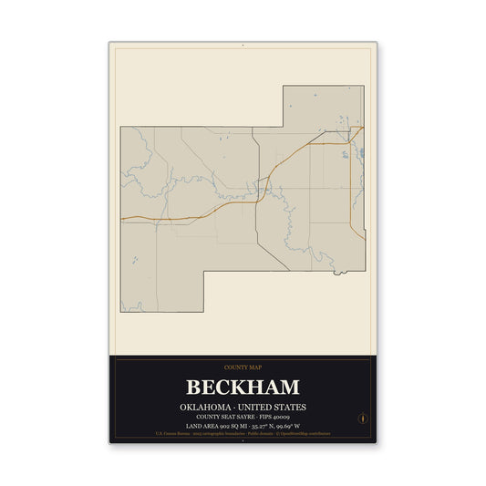 Beckham County, Oklahoma Map Aluminum Sign in Museum Plaque style