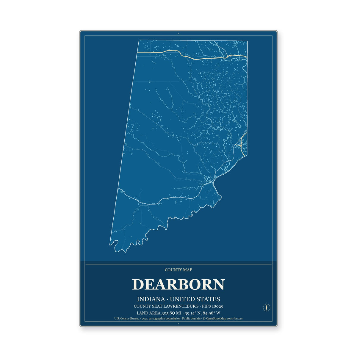 Dearborn County, Indiana Map Aluminum Sign in Harbor Cobalt style