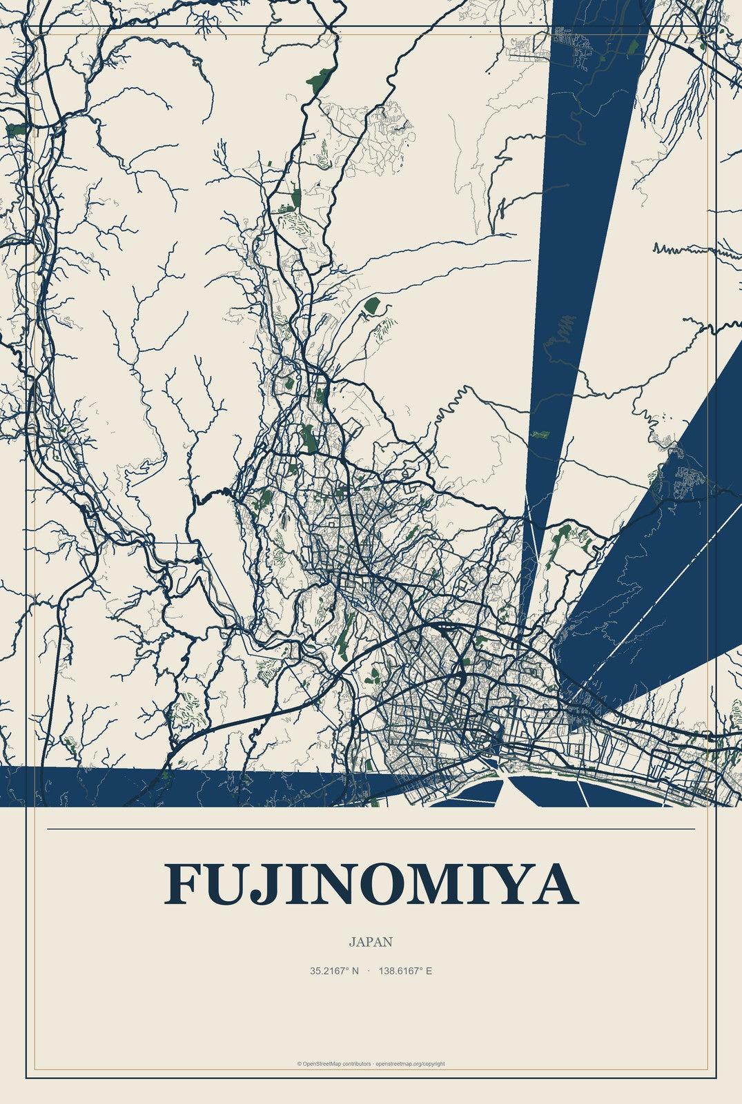 Fujinomiya, Japan City Map Aluminum Sign in Coastal Cutout style