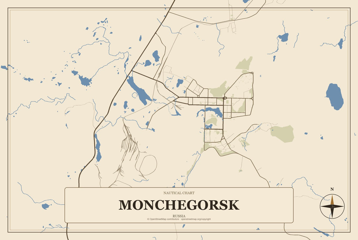 Monchegorsk, Russia City Map Aluminum Sign in Heritage Nautical style