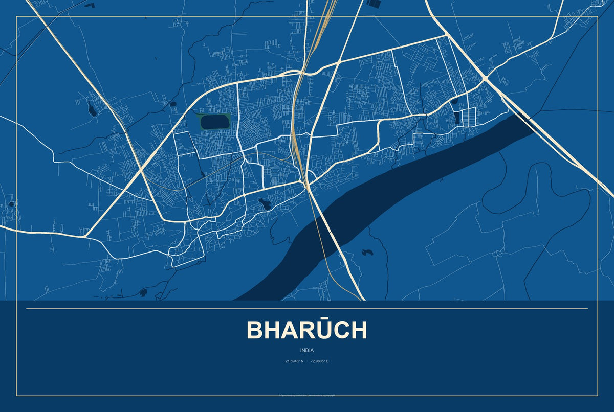 Bharūch, India City Map Aluminum Sign in Harbor Cobalt style