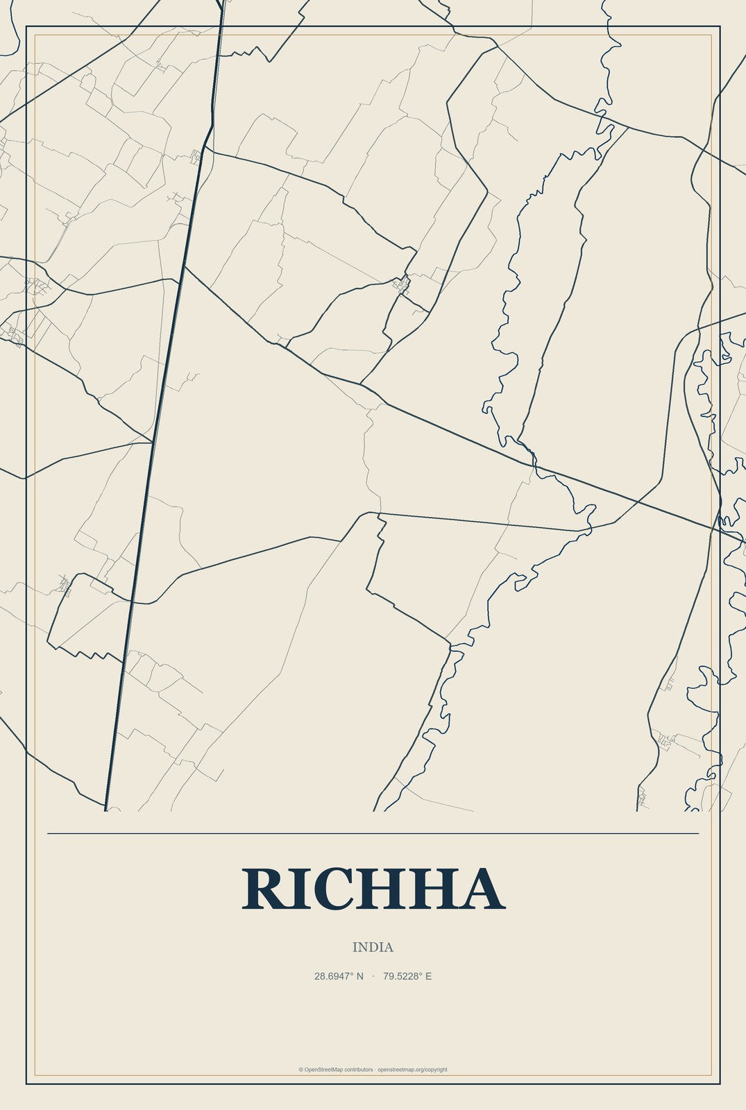 Richha, India City Map Aluminum Sign in Coastal Cutout style
