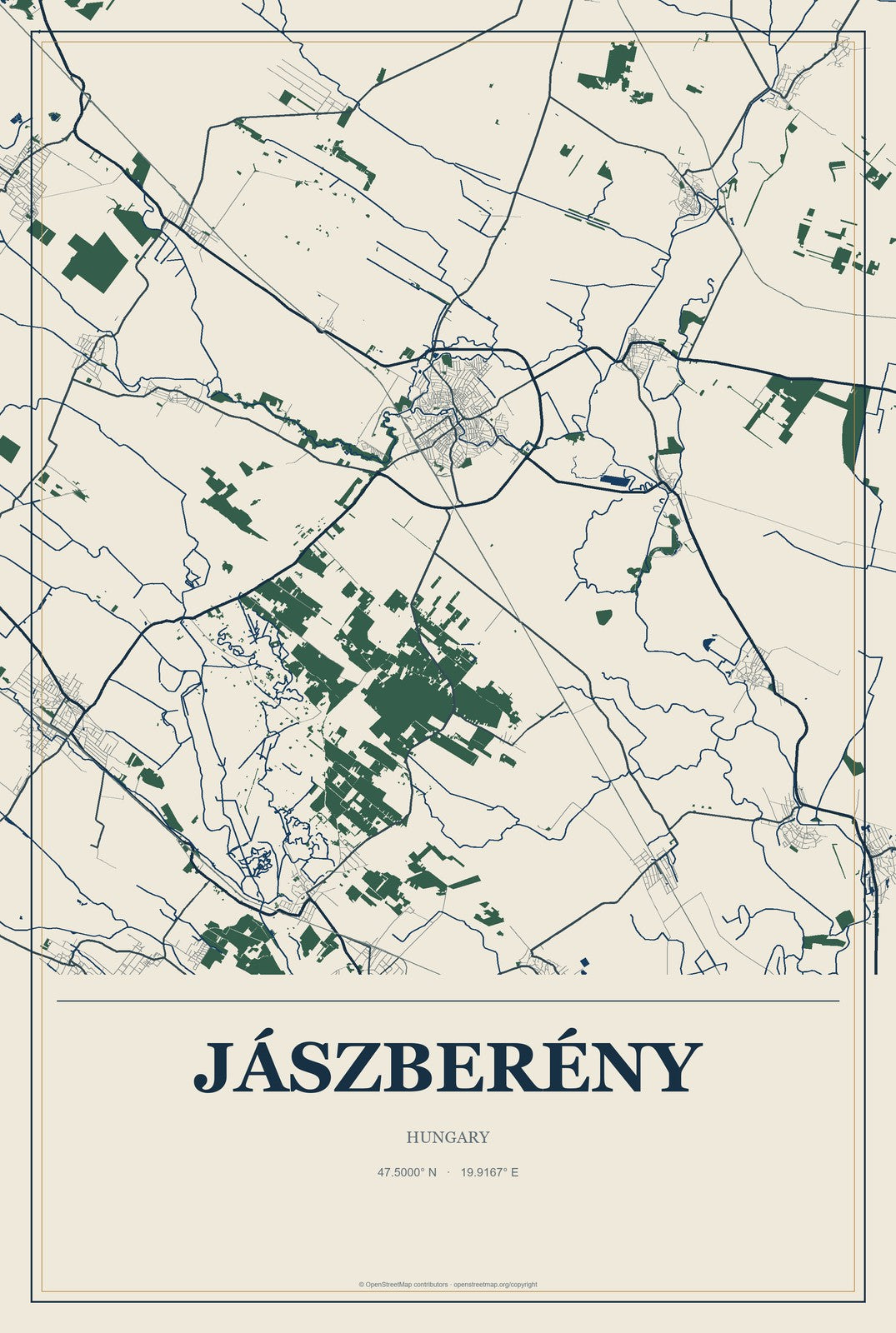 Jászberény, Hungary City Map Aluminum Sign in Coastal Cutout style
