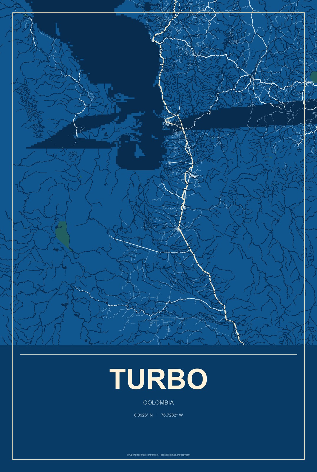 Turbo, Colombia City Map Aluminum Sign in Harbor Cobalt style