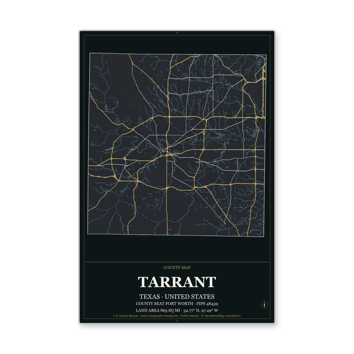 Tarrant County, Texas Map Aluminum Sign in Metropolitan Noir style