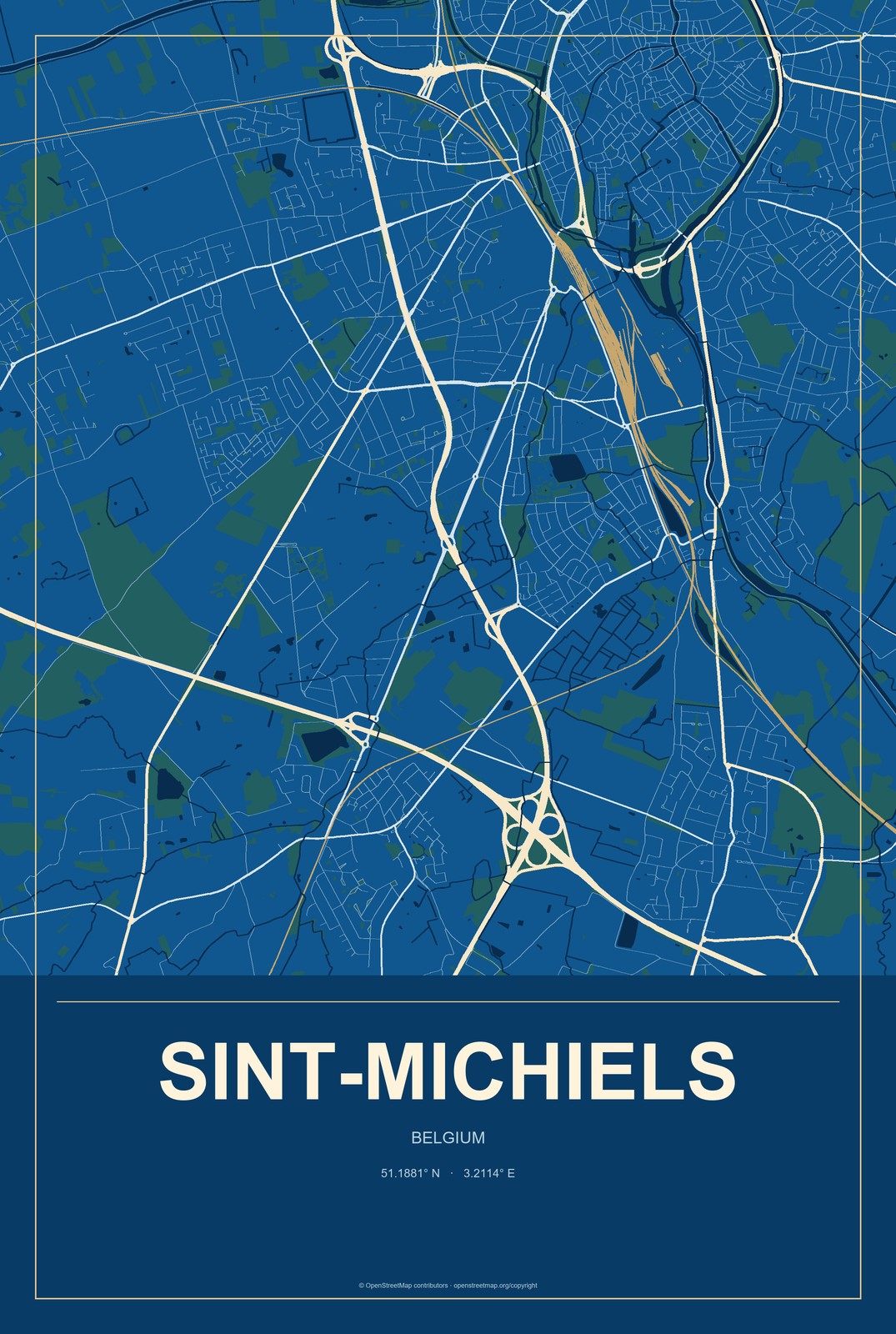 Sint-Michiels, Belgium City Map Aluminum Sign in Harbor Cobalt style