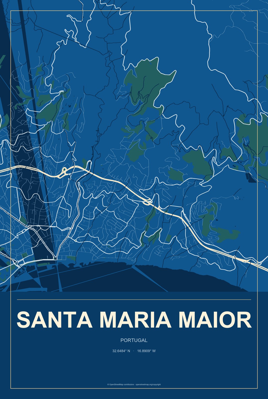 Santa Maria Maior, Portugal City Map Aluminum Sign in Harbor Cobalt style