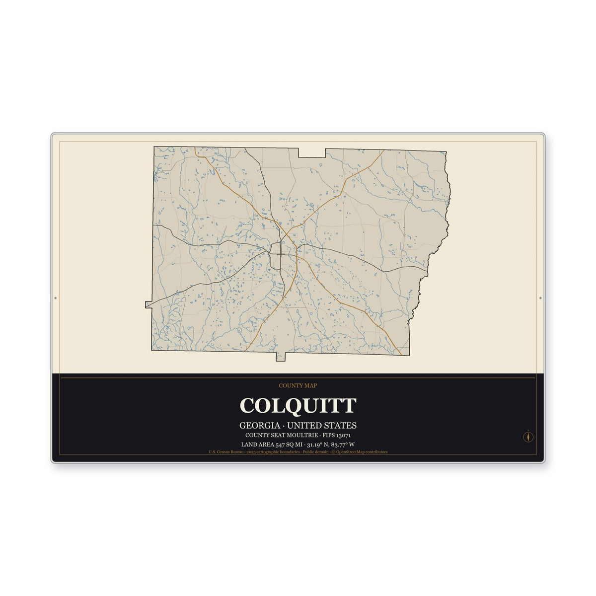 Colquitt County, Georgia Map Aluminum Sign in Museum Plaque style