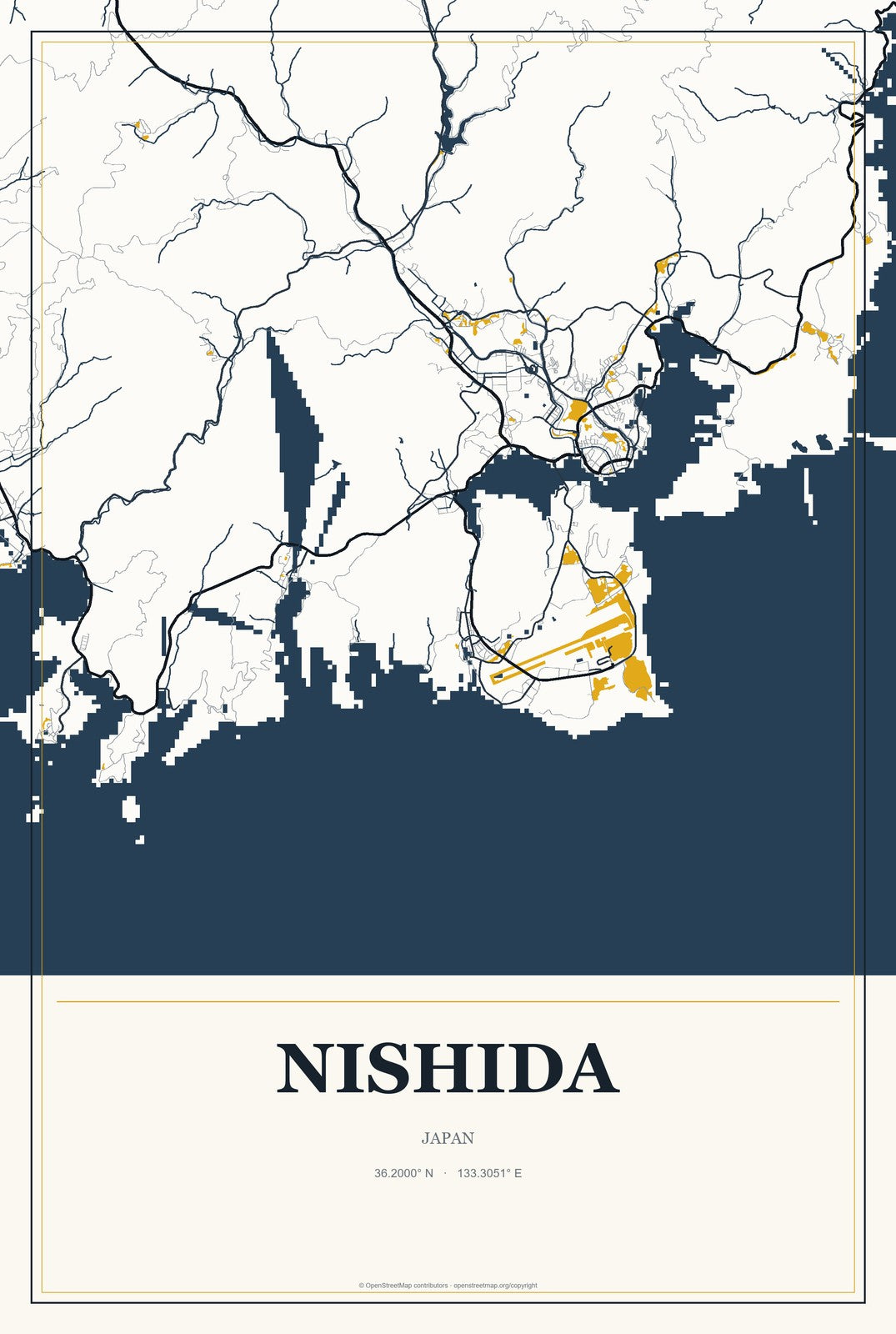 Nishida, Japan City Map Aluminum Sign in Citrine Modern style