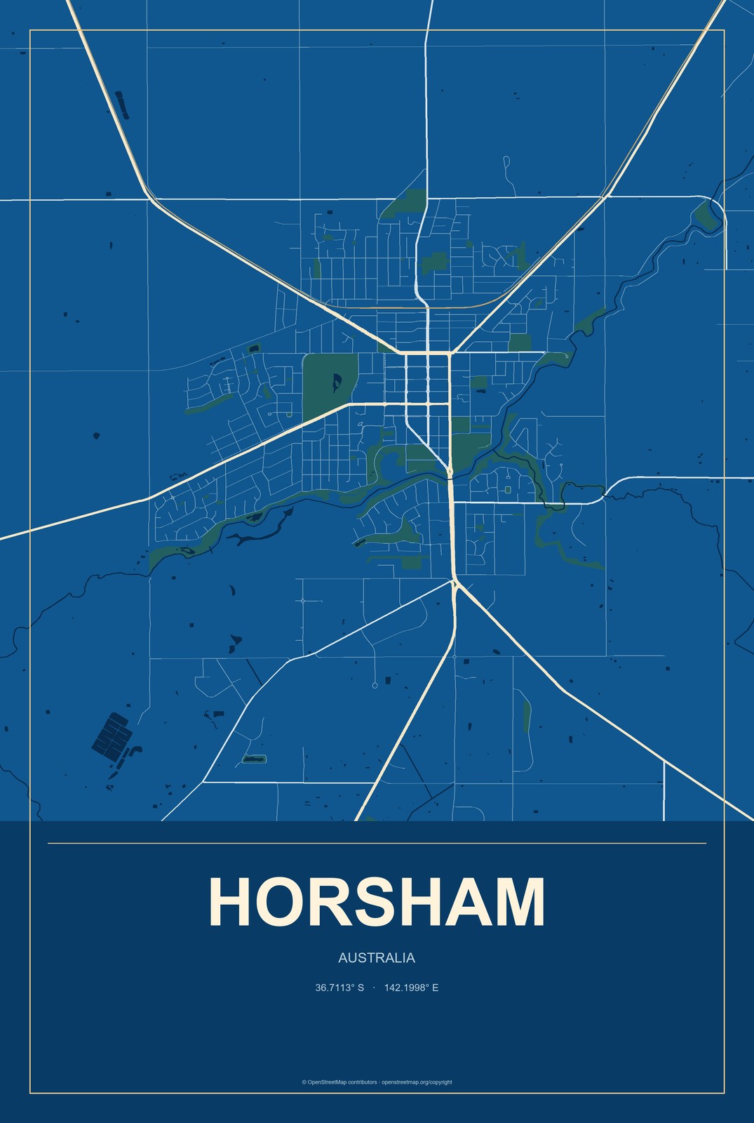 Horsham, Australia City Map Aluminum Sign in Harbor Cobalt style