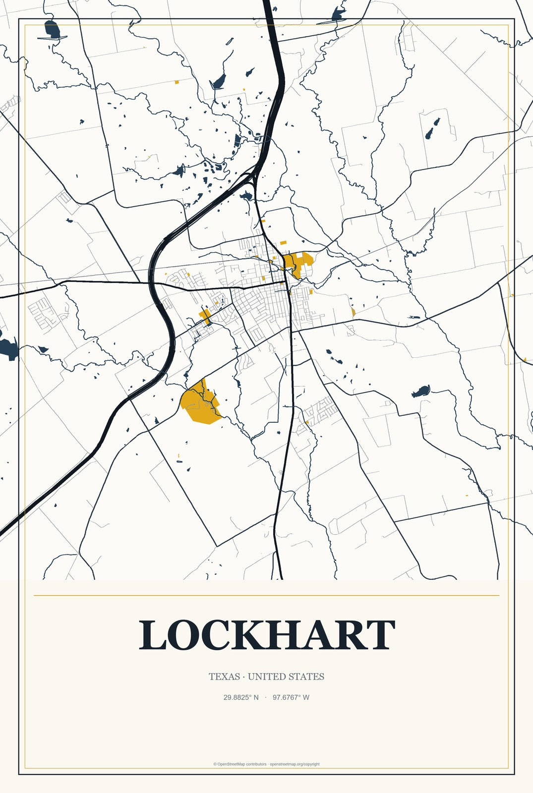 Lockhart, Texas City Map Aluminum Sign in Citrine Modern style