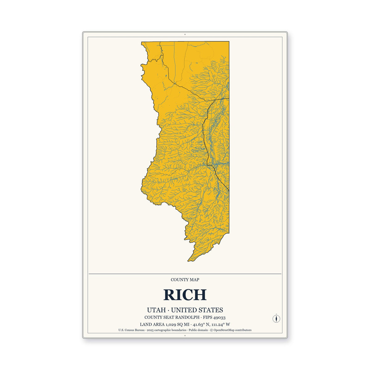 Rich County, Utah Map Aluminum Sign in Citrine Modern style