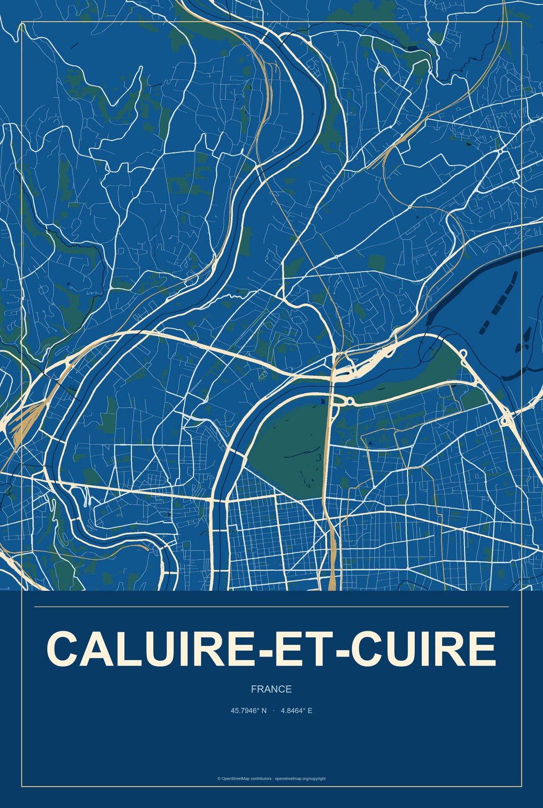 Caluire-et-Cuire, France City Map Aluminum Sign in Harbor Cobalt style