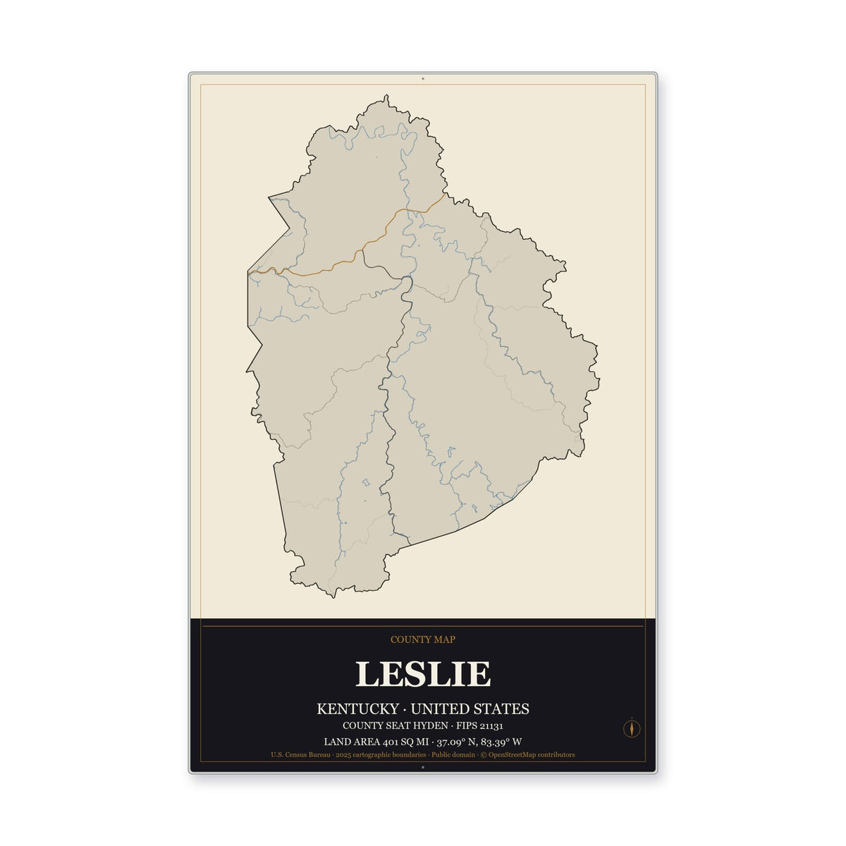 Leslie County, Kentucky Map Aluminum Sign in Museum Plaque style