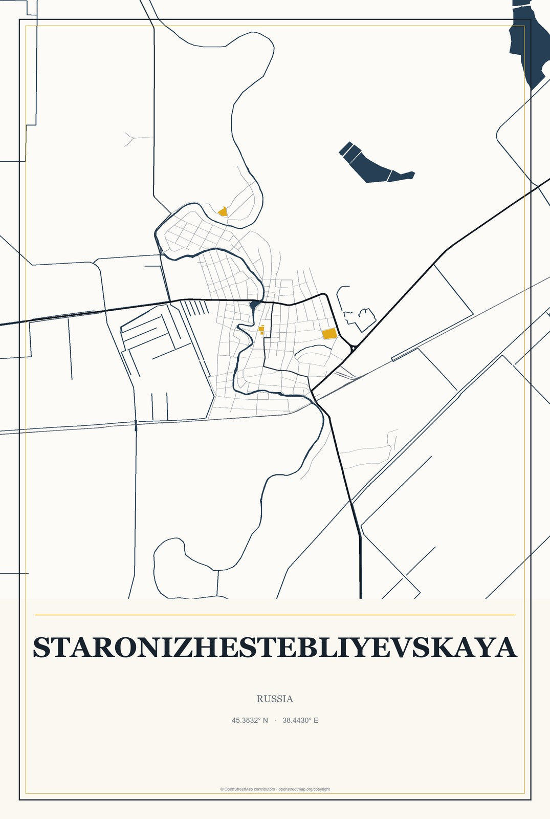 Staronizhestebliyevskaya, Russia City Map Aluminum Sign in Citrine Modern style