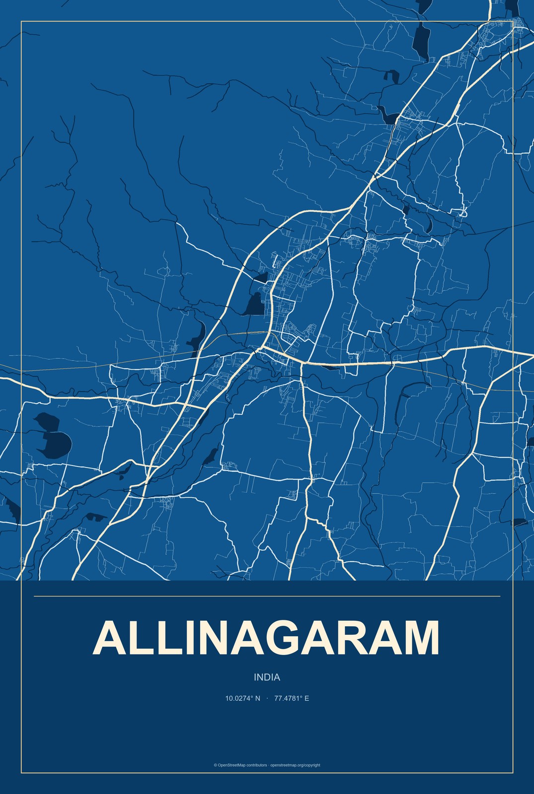 Allinagaram, India City Map Aluminum Sign in Harbor Cobalt style